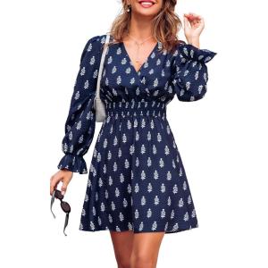 CUPSHE Women Fall Dresses Floral V Neck Long Sleeve Ruffle Hem Smocked High Waist Casual Mini Dress(Navy)