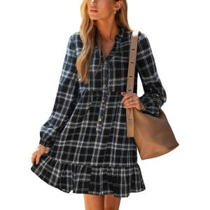 CUPSHE Women Fall Dresses Plaid Ruffle Hem V Neck Long Sleeve Button Holiday Tunic Mini Dress(Black)