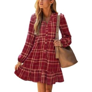 CUPSHE Women Fall Dresses Plaid Ruffle Hem V Neck Long Sleeve Button Holiday Tunic Mini Dress(Red)