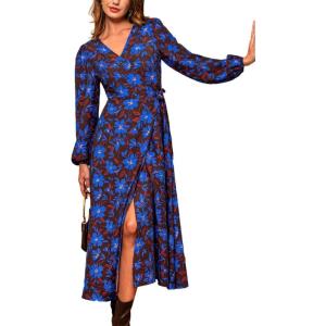 CUPSHE Women Fall Dresses Wildflower Floral V Neck Tie Front Puff Long Sleeve A Line Wrap Maxi Dress(Blue)