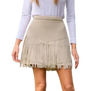 CUPSHE Women Fringe Skirts Western Cowgirl Terra Cotta High Waist Mini Skirt Suede Tassel Short Counrty Concert(Apricot)