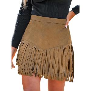 CUPSHE Women Fringe Skirts Western Cowgirl Terra Cotta High Waist Mini Skirt Suede Tassel Short Counrty Concert(Camel)