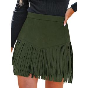 CUPSHE Women Fringe Skirts Western Cowgirl Terra Cotta High Waist Mini Skirt Suede Tassel Short Counrty Concert(Deep Olive)