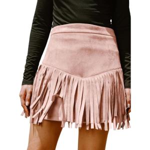 CUPSHE Women Fringe Skirts Western Cowgirl Terra Cotta High Waist Mini Skirt Suede Tassel Short Counrty Concert(Pink)