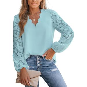 CUPSHE Women Lace Elegant Blouse Long Sleeve Eyelet V Neck Dressy Party Floral Tops Scalloped V Neck(Blue)