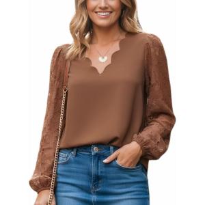 CUPSHE Women Lace Elegant Blouse Long Sleeve Eyelet V Neck Dressy Party Floral Tops Scalloped V Neck(Brown)