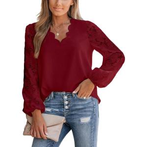 CUPSHE Women Lace Elegant Blouse Long Sleeve Eyelet V Neck Dressy Party Floral Tops Scalloped V Neck(Red)