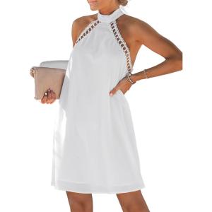 CUPSHE Women Lace Trim Summer Dress Halter High Neck with Tie Backless A Line Lining Casual Sundress Holiday Mini Dress(White)