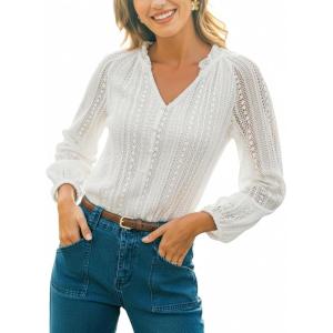 CUPSHE Women Long Sleeve Notched Neck Hollow Out Blouses Lace Lantern Sleeve Crochet Eyelet Blouse Shirts(White)