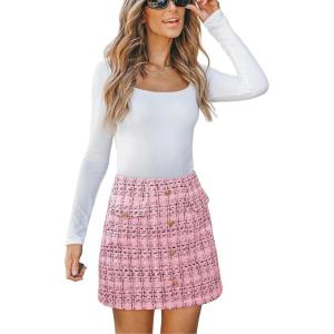 CUPSHE Women Mini Plaid Skirts Tweed High Waist Bodycon Pencil Hem Fall Winter Dressy Outfits Shorts(Pink)