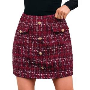 CUPSHE Women Mini Plaid Skirts Tweed High Waist Bodycon Pencil Hem Fall Winter Dressy Outfits Shorts(Red)
