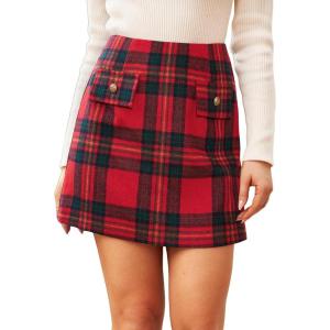 CUPSHE Women Mini Plaid Skirts Tweed High Waist Bodycon Pencil Hem Fall Winter Dressy Outfits Shorts(Red Black)