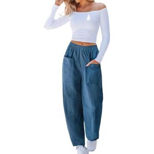 CUPSHE Women Pants High-Waisted Cargo Pant Pockets Leg Cotton Fit Coverup Elastic Work Casual Dressy(Blue)