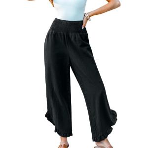 CUPSHE Women Pants Smocked Waist Straight Leg Ruffle Cuffs Loose Fit Pant Casual Beach(Black)