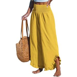 CUPSHE Women Pants Smocked Waist Straight Leg Ruffle Cuffs Loose Fit Pant Casual Beach(Yellow)