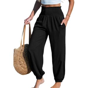 CUPSHE Women Pants with Pocket Smocked Waist Wide Leg Ruffle Loose Fit Pant Casual Beach(Black)