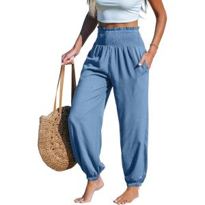 CUPSHE Women Pants with Pocket Smocked Waist Wide Leg Ruffle Loose Fit Pant Casual Beach(Blue)