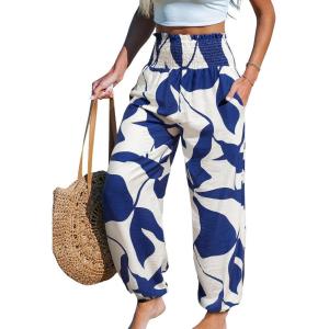 CUPSHE Women Pants with Pocket Smocked Waist Wide Leg Ruffle Loose Fit Pant Casual Beach(Blue Leaf)