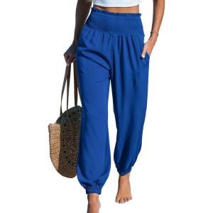 CUPSHE Women Pants with Pocket Smocked Waist Wide Leg Ruffle Loose Fit Pant Casual Beach(Navy)