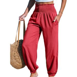 CUPSHE Women Pants with Pocket Smocked Waist Wide Leg Ruffle Loose Fit Pant Casual Beach(Red)