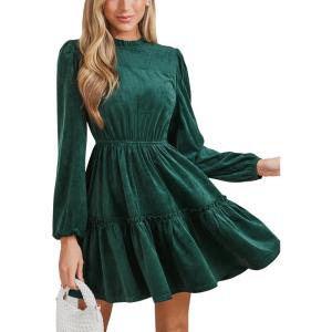 CUPSHE Women Ruffle Fall Dresses Long Bubble Sleeve Crewneck Smocked Waist Holiday Party Winter Mini Dress(Green)