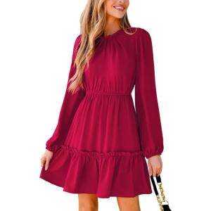 CUPSHE Women Ruffle Fall Dresses Long Bubble Sleeve Crewneck Smocked Waist Holiday Party Winter Mini Dress(Light Red)