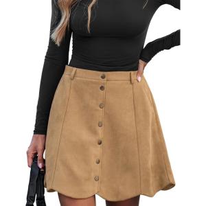 CUPSHE Women Skirt Buttons Pocket Mini Skirts High Waist Petal Hem A-line Casual Fall Winter Vacation(Camel Brown)