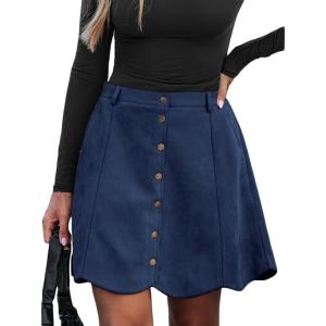 CUPSHE Women Skirt Buttons Pocket Mini Skirts High Waist Petal Hem A-line Casual Fall Winter Vacation(Navy Blue)