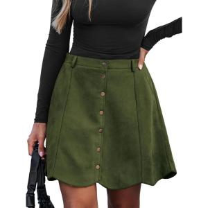 CUPSHE Women Skirt Buttons Pocket Mini Skirts High Waist Petal Hem A-line Casual Fall Winter Vacation(Olive Green)