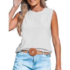 CUPSHE Women Tops Sleeveless Tank Cutout Blouse Crew Neck Shirt Lace Tee Summer Casual Dressy(White)