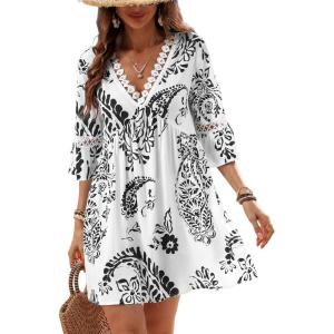 CUPSHE Women V Neck Lace Trim Mini Summer Dress Cover Up 3/4 Sleeve Ruffled Cuff Casual Sundress Beach Dresses Cover Ups(Black)