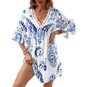 CUPSHE Women V Neck Lace Trim Mini Summer Dress Cover Up 3/4 Sleeve Ruffled Cuff Casual Sundress Beach Dresses Cover Ups(Blue)
