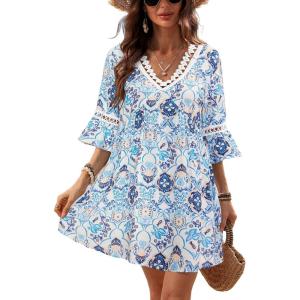 CUPSHE Women V Neck Lace Trim Mini Summer Dress Cover Up 3/4 Sleeve Ruffled Cuff Casual Sundress Beach Dresses Cover Ups(Blue Beige)