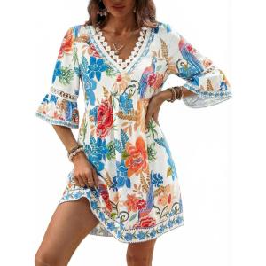 CUPSHE Women V Neck Lace Trim Mini Summer Dress Cover Up 3/4 Sleeve Ruffled Cuff Casual Sundress Beach Dresses Cover Ups(Blue White)