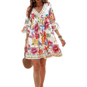 CUPSHE Women V Neck Lace Trim Mini Summer Dress Cover Up 3/4 Sleeve Ruffled Cuff Casual Sundress Beach Dresses Cover Ups(Tropical Floral)