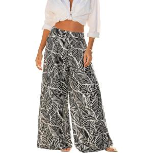 CUPSHE Women Wide Leg Beach Pants Tropical Floral Plus Size Pants with Pockets Vacation Casual Dressy(Black-2)