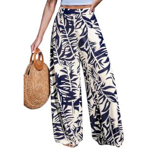 CUPSHE Women Wide Leg Beach Pants Tropical Floral Plus Size Pants with Pockets Vacation Casual Dressy(Blue)