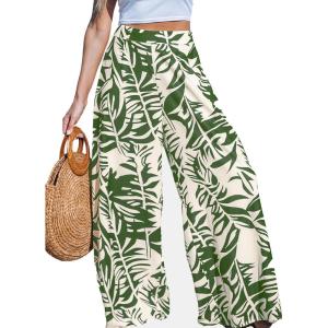 CUPSHE Women Wide Leg Beach Pants Tropical Floral Plus Size Pants with Pockets Vacation Casual Dressy(Green)