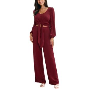 CUPSHE Women’s 2 Piece Pant Set Long Sleeve V Neck Top and Wide Leg Pants Tie Waist Outfit Casual Elegant Two Piece Suit(Red)