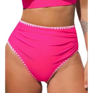CUPSHE Women’s Bikini Bottom High Waisted Swimsuit Ruched Bathing Suit Stitching Full Coverage Swimwear Bottom(Magenta Pink)