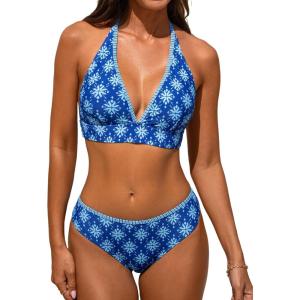 CUPSHE Women’s Bikini Sets Halter V Neck Adjustable Wide Self Tied Straps Bathing Suit Standard Rise(Tropical Blue)