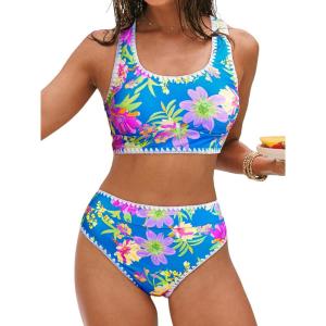 CUPSHE Women’s Bikini Sets Two Piece Swimsuit Scoop Neck Tank Wide Straps Midkini Stitching(Blue/Pink Floral)