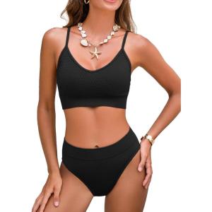 CUPSHE Women’s Bikini Sets Two Piece Swimsuit Sporty Mid Rise Scoop Neck Adjustable Spaghetti Straps Textured Midkini(Black)