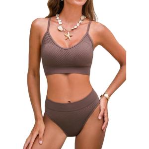 CUPSHE Women’s Bikini Sets Two Piece Swimsuit Sporty Mid Rise Scoop Neck Adjustable Spaghetti Straps Textured Midkini(Taupe Brown)