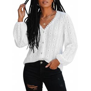 CUPSHE Women’s Blouses Eyelet Tops Long Sleeve V Neck Puff Sleeve Shirts Dressy Casual(White)