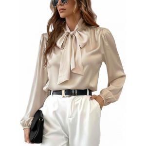 CUPSHE Women’s Blouses Long Sleeve Satin Shirts Bow Tie High Neck Tops Dressy Casual(Beige)