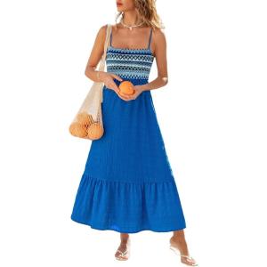 CUPSHE Women’s Boho Smocked Maxi Dresses Spaghetti Straps Tiered Ruffled Beach Vacation Sundress Summer Cover Up Dress(Blue)