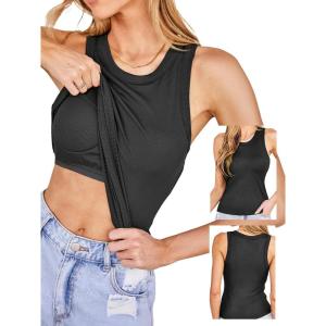 CUPSHE Womens Built in Bra Tank Tops Ribbed Sleeveless 2025 Summer Basic Tops(Black)