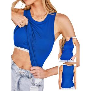 CUPSHE Womens Built in Bra Tank Tops Ribbed Sleeveless 2025 Summer Basic Tops(Blue)