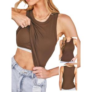 CUPSHE Womens Built in Bra Tank Tops Ribbed Sleeveless 2025 Summer Basic Tops(Brown)